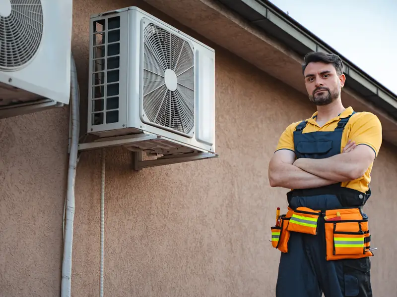 Dépanneur en climatisation contrôlant un groupe extérieur avant la recherche de panne