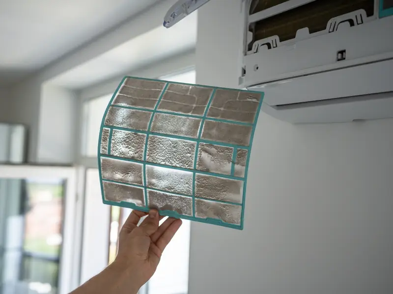 Filtre de climatisation encrassé par la poussière avant son lavage